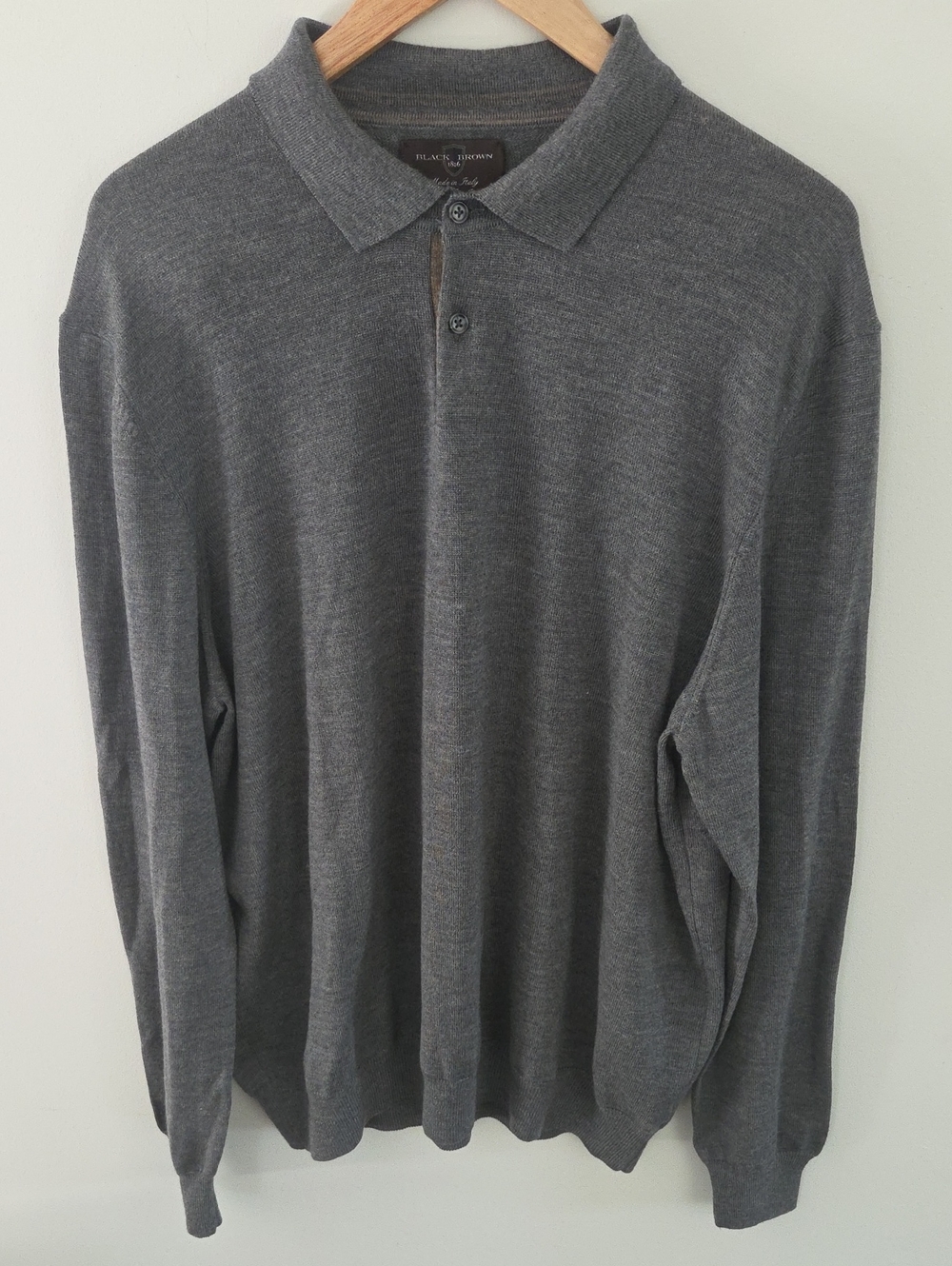 Black Brown 1826 Men's Charcoal Gray Long-Sleeve Polo 100% Extrafine Merino Wool